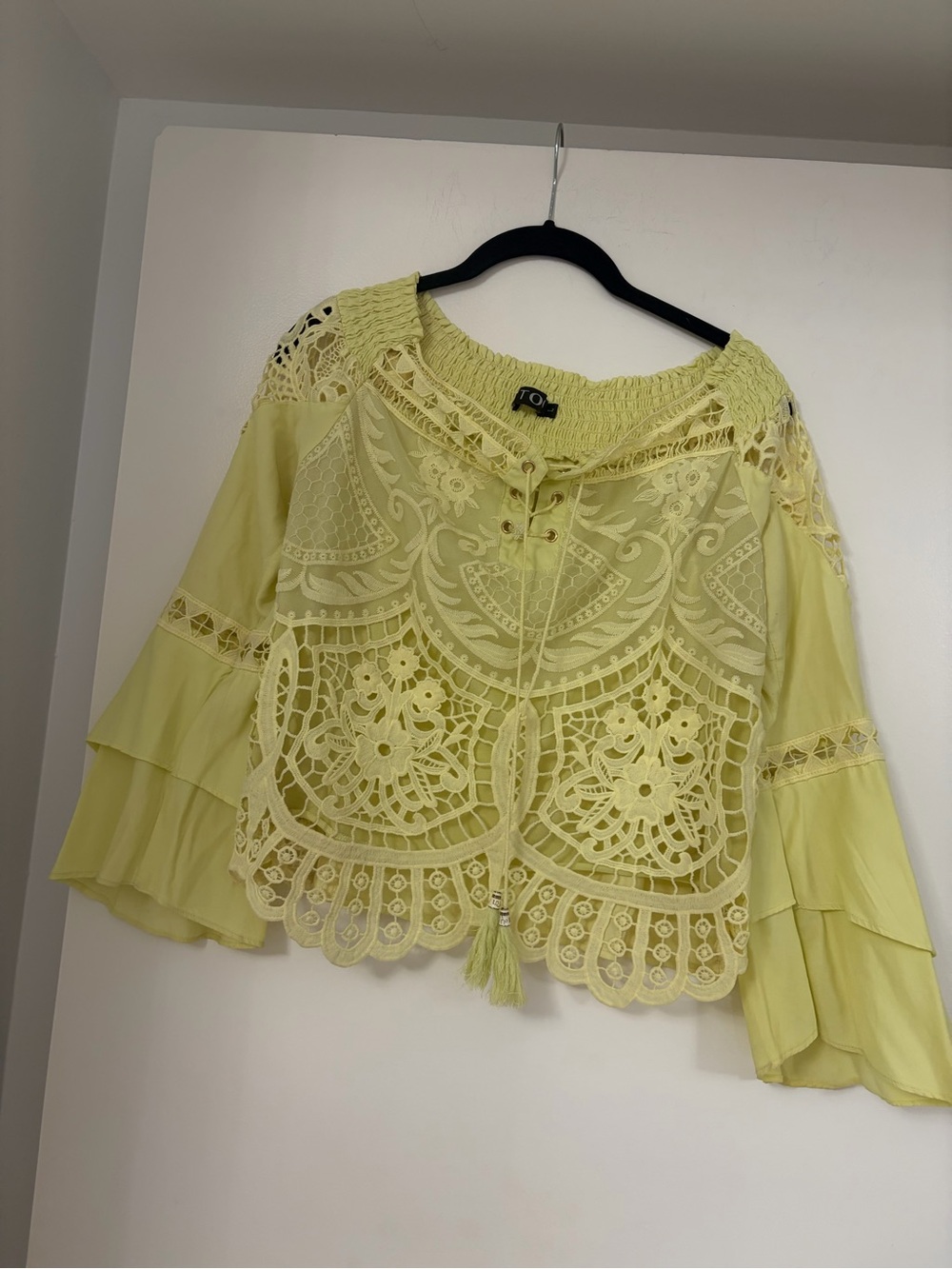Lace Crochet Peasant Blouse - Pale Yellow
